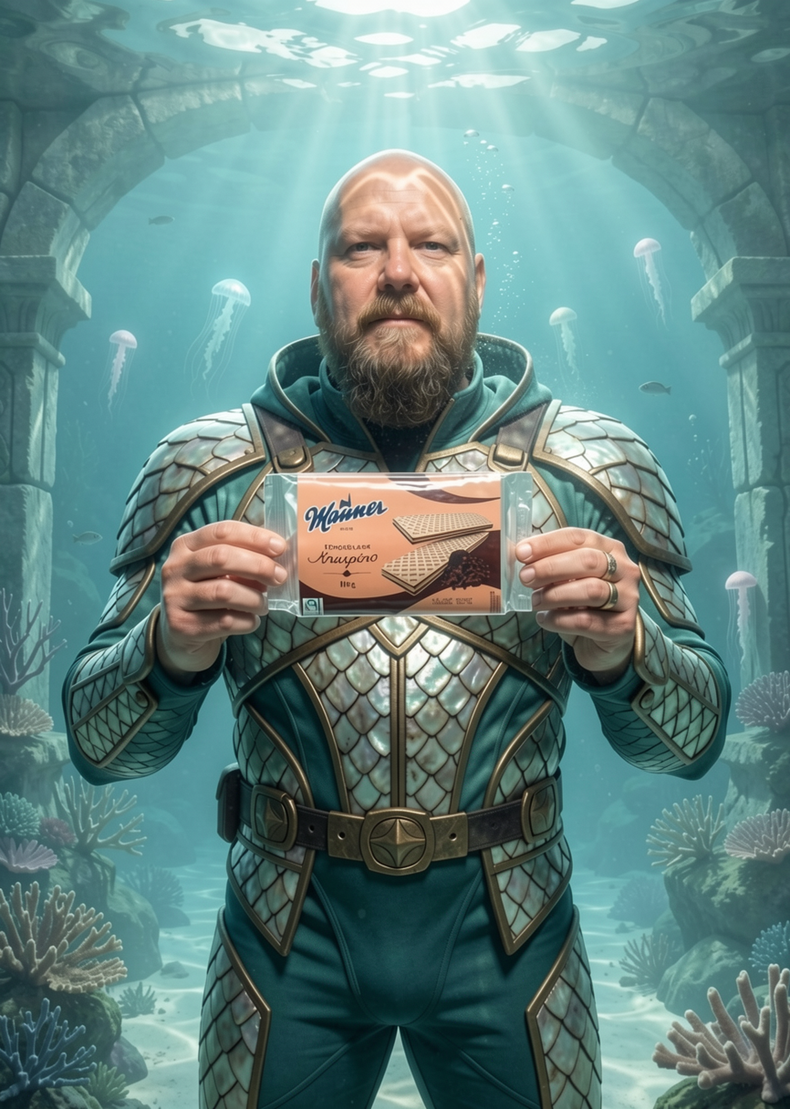 AI proměna muže s produktem v podvodní fantasy scéně